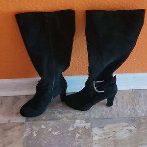 Gently Used Impo Black Heeled Knee-High Boots, Size 9.5 Wide calf.